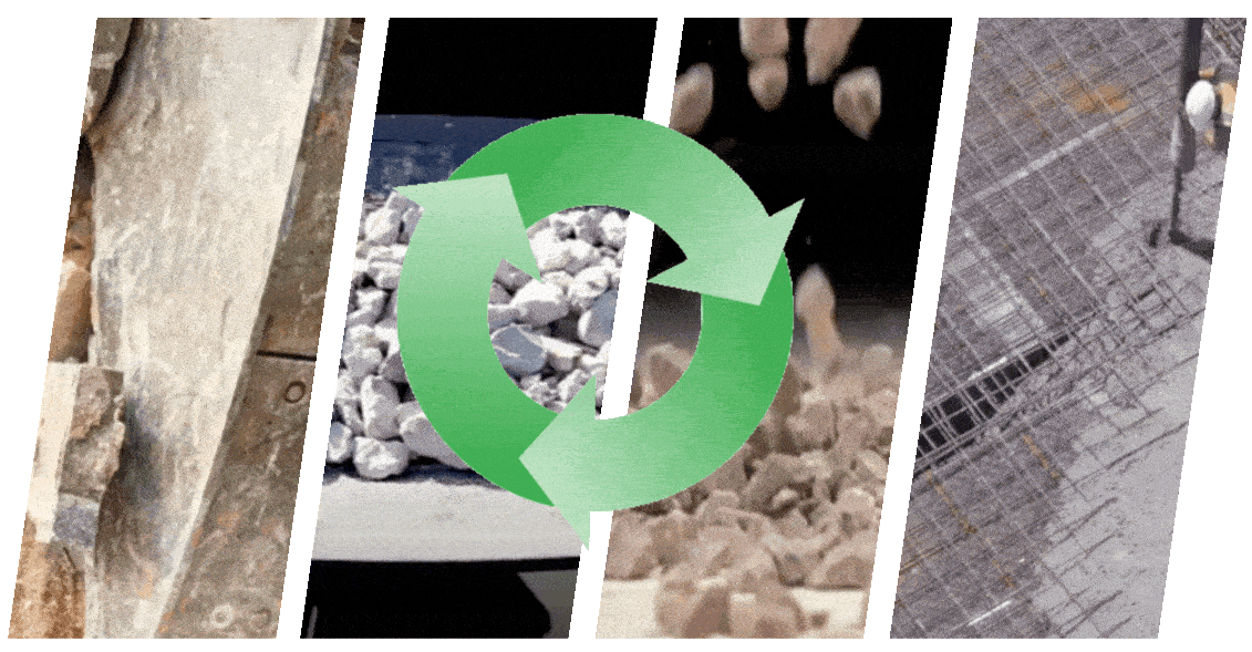 Eine Collage aus vier Bildabschnitten zeigt den Recycling-Kreislauf von Beton: Zerkleinerung von Bauschutt, sortierte Steine, fallender Kies und schließlich eine Baustelle mit Stahlbewehrung. In der Mitte verbindet ein grüner, kreisförmiger Recyclingpfeil die einzelnen Schritte und symbolisiert den nachhaltigen Materialkreislauf.

                                